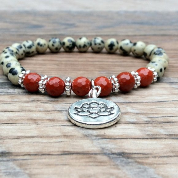 Dalmatian Jasper bracelet with Lotus charm, Red Jasper, healing bracelet - Picture 4 of 9